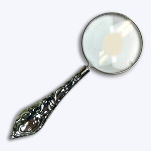 Vtg 5" Large Silver Ornate Magnifying Glass Victorian Art Nouveau Style Floral